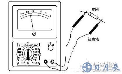 測(cè)量電阻：--先將表棒搭在一起短路，使指針向右偏轉(zhuǎn)，隨即調(diào)整“Ω”調(diào)零旋鈕，使指針恰好指到0。然后將兩根表棒分別接觸被測(cè)電阻（或電路）兩端，讀出指針在歐姆刻度線（第一條線）上的讀數(shù)，再乘以該檔標(biāo)的數(shù)字，就是所測(cè)電阻的阻值。例如用R*100擋測(cè)量電阻，指針指在80，則所測(cè)得的電阻值為80*100=8K。