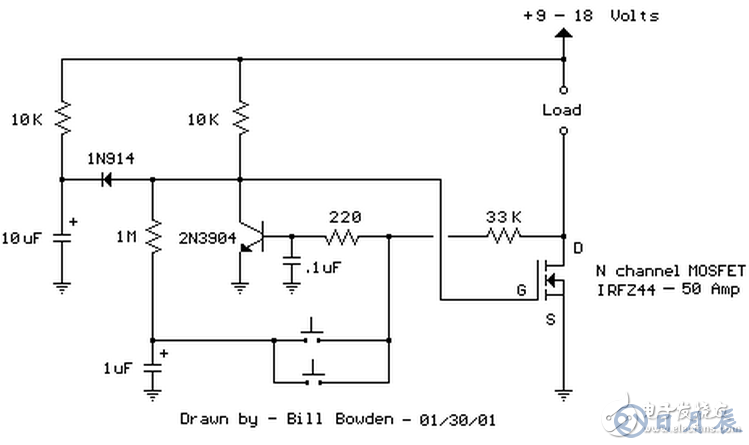 當(dāng)開關(guān)按下時，1uF電容被連接到220歐姆和33K電阻連接點，NPN晶體管截止，場效應(yīng)管導(dǎo)通開啟負(fù)載。釋放按鈕后，1uF電容通過1M電阻充電。第二次按下開關(guān)，1uF電容充電后的電壓被加載到NPN晶體管基極，晶體管導(dǎo)通，場效應(yīng)管關(guān)閉，負(fù)載斷電。